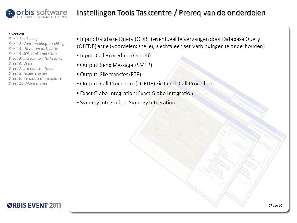 Instellingen Tools Taskcentre / Prereq van de onderdelen