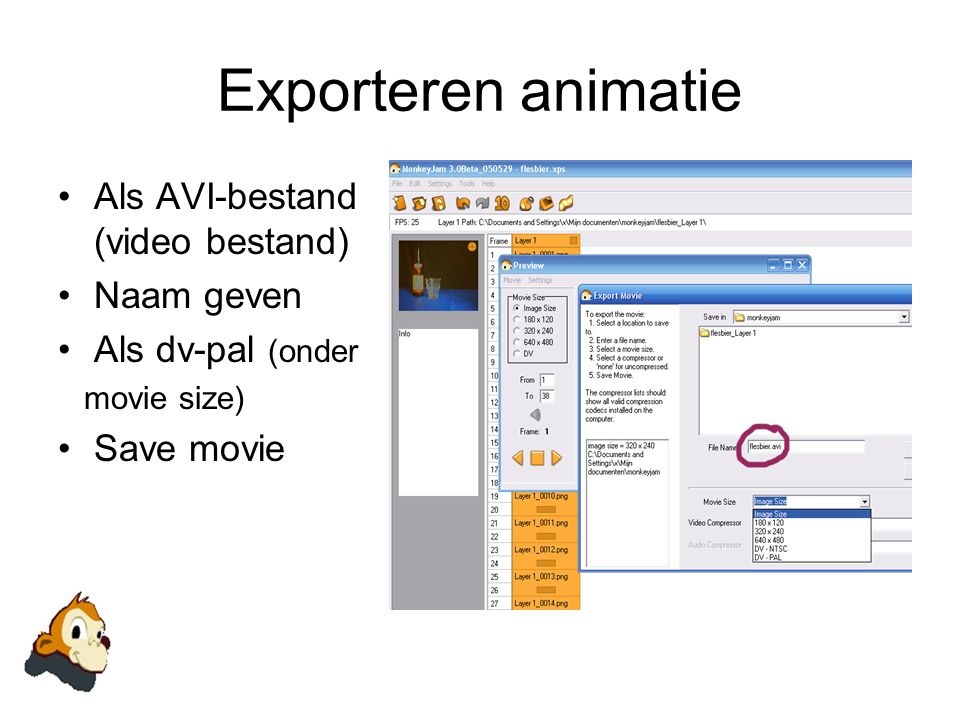 Exporteren animatie Als AVI-bestand (video bestand) Naam geven