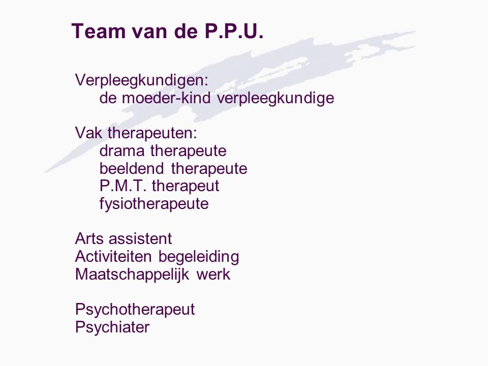 Team van de P.P.U. Verpleegkundigen: de moeder-kind verpleegkundige