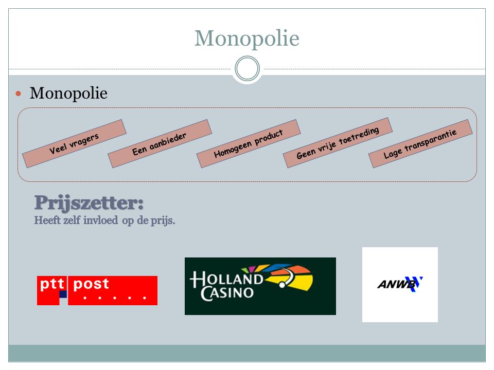 Monopolie Prijszetter: Monopolie Heeft zelf invloed op de prijs.