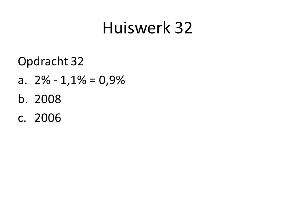 Huiswerk 32 Opdracht 32 2% - 1,1% = 0,9%