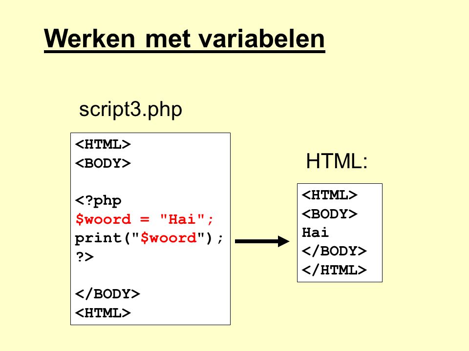 Werken met variabelen script3.php HTML: <HTML> <BODY>
