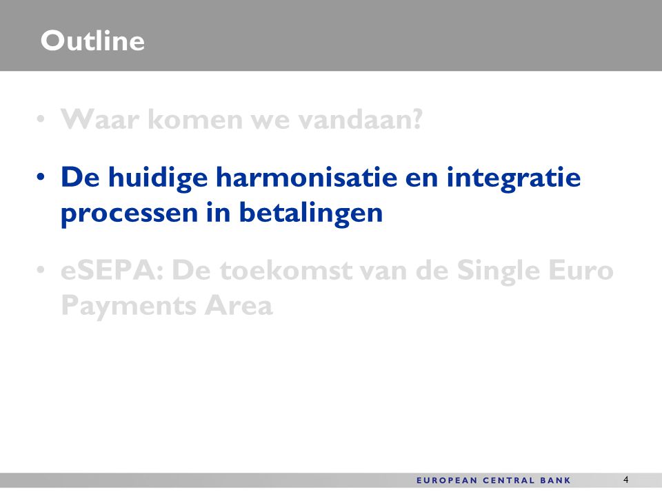 Outline Waar komen we vandaan. De huidige harmonisatie en integratie processen in betalingen.