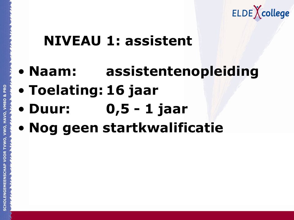 NIVEAU 1: assistent Naam: assistentenopleiding. Toelating: 16 jaar.
