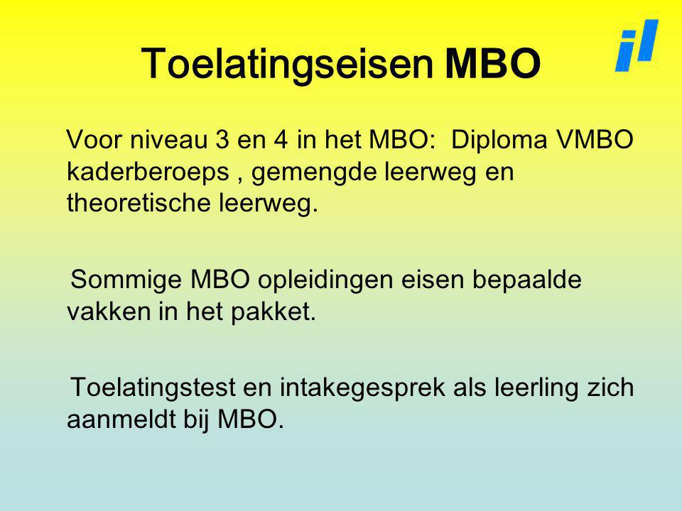 Toelatingseisen MBO Voor niveau 3 en 4 in het MBO: Diploma VMBO kaderberoeps , gemengde leerweg en theoretische leerweg.
