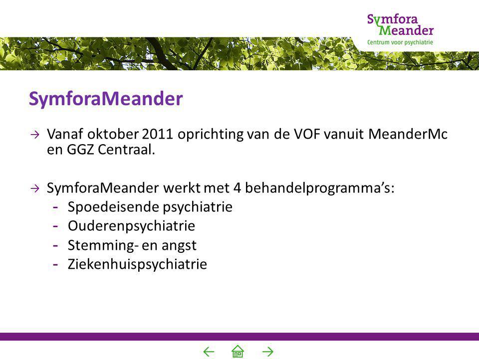 SymforaMeander Vanaf oktober 2011 oprichting van de VOF vanuit MeanderMc en GGZ Centraal. SymforaMeander werkt met 4 behandelprogramma’s: