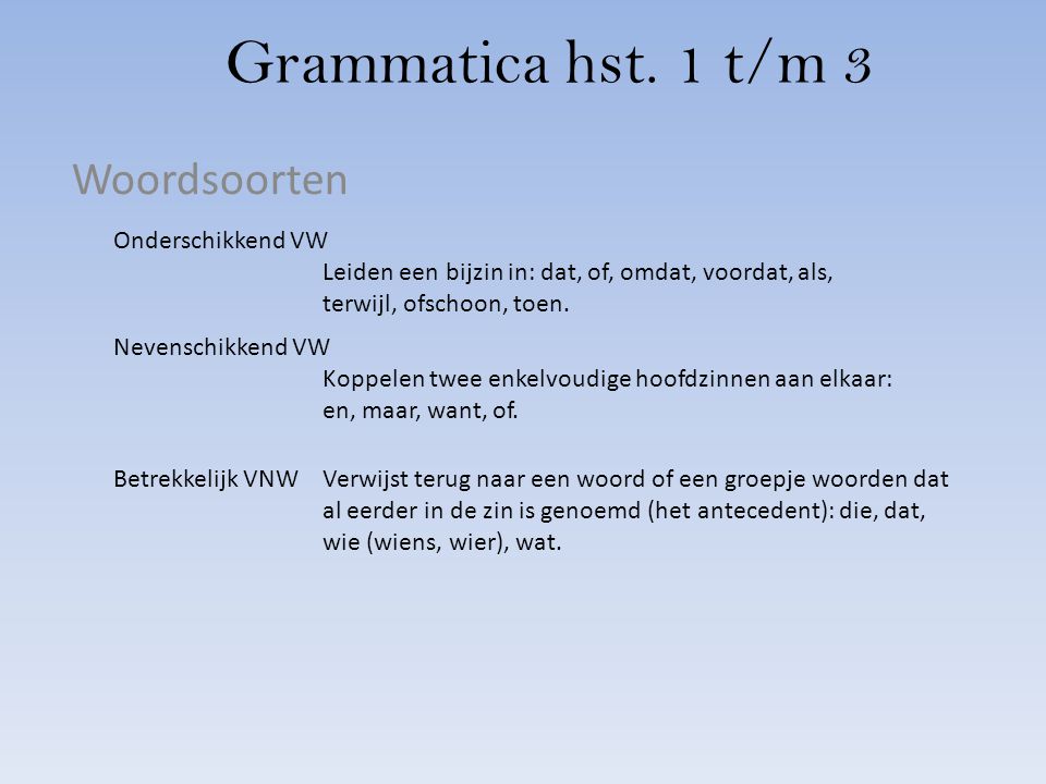 Grammatica hst. 1 t/m 3 Woordsoorten Onderschikkend VW