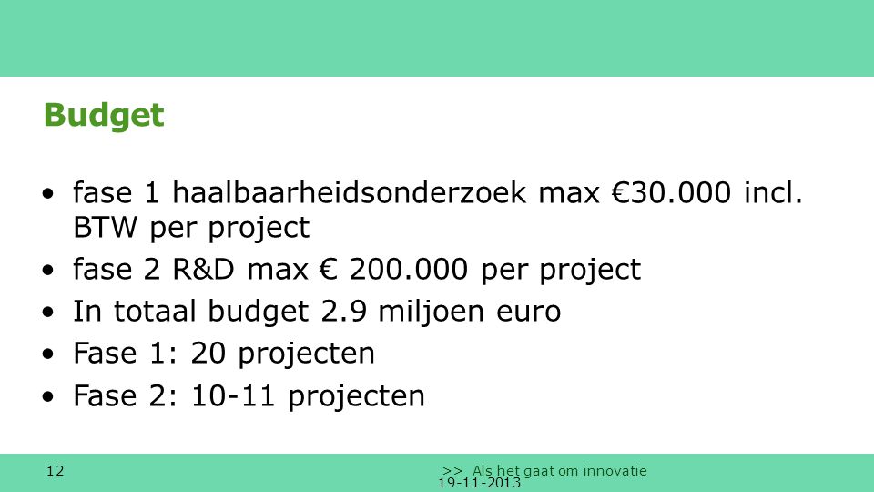 Budget fase 1 haalbaarheidsonderzoek max € incl. BTW per project