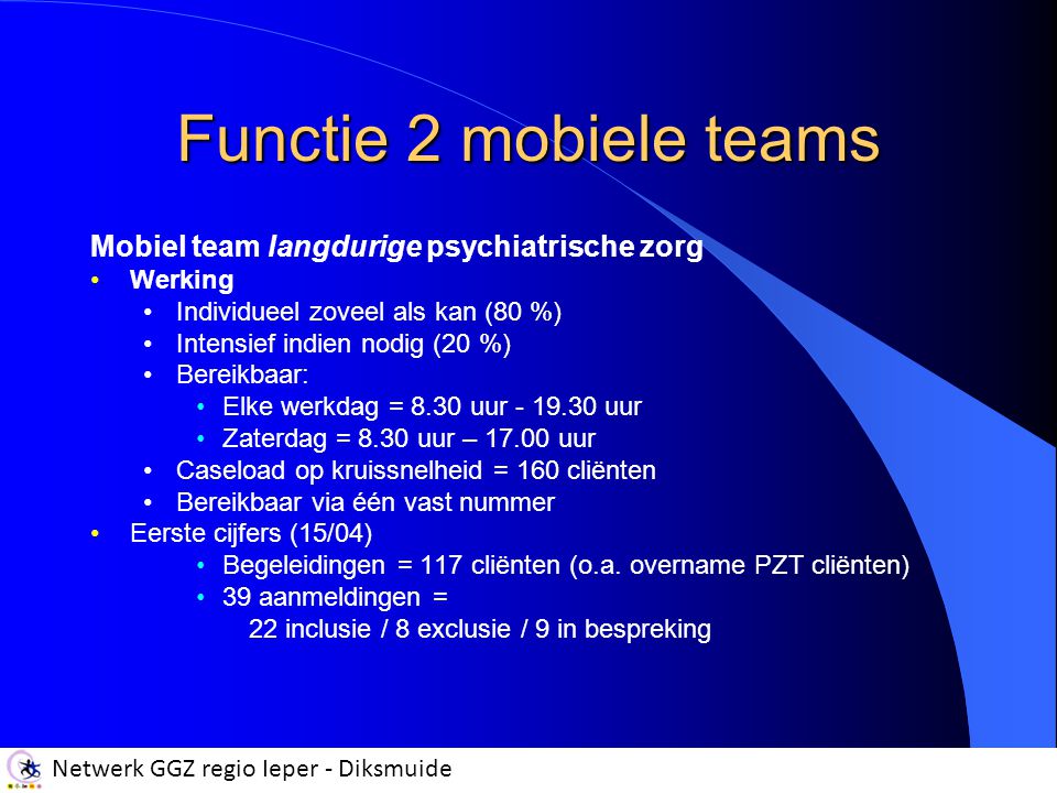 Functie 2 mobiele teams Mobiel team langdurige psychiatrische zorg