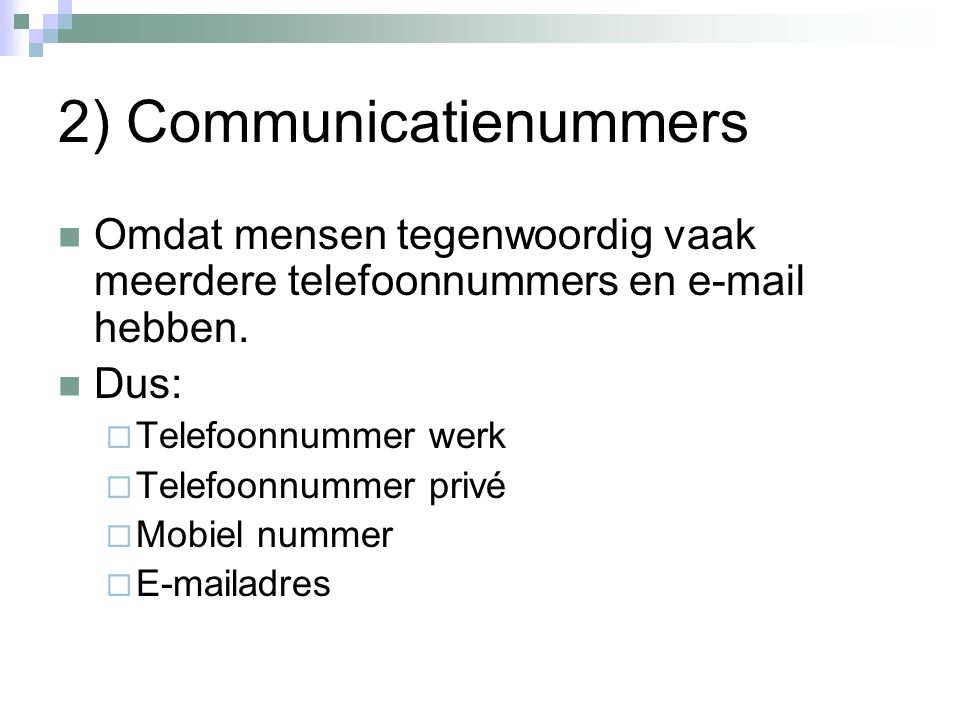2) Communicatienummers