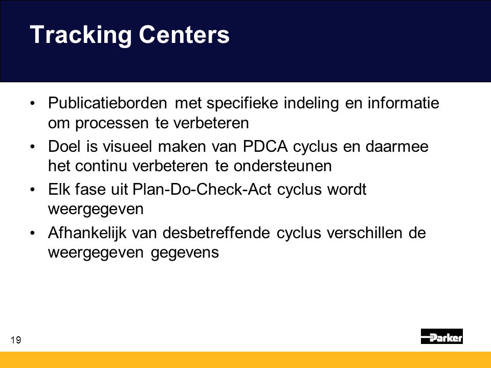 Tracking Centers Publicatieborden met specifieke indeling en informatie om processen te verbeteren.