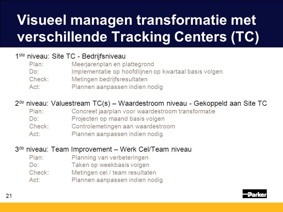Visueel managen transformatie met verschillende Tracking Centers (TC)