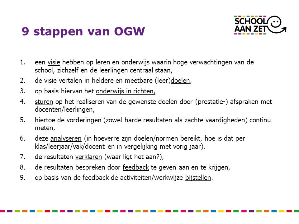 9 stappen van OGW een visie hebben op leren en onderwijs waarin hoge verwachtingen van de school, zichzelf en de leerlingen centraal staan,