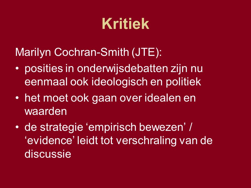 Kritiek Marilyn Cochran-Smith (JTE):