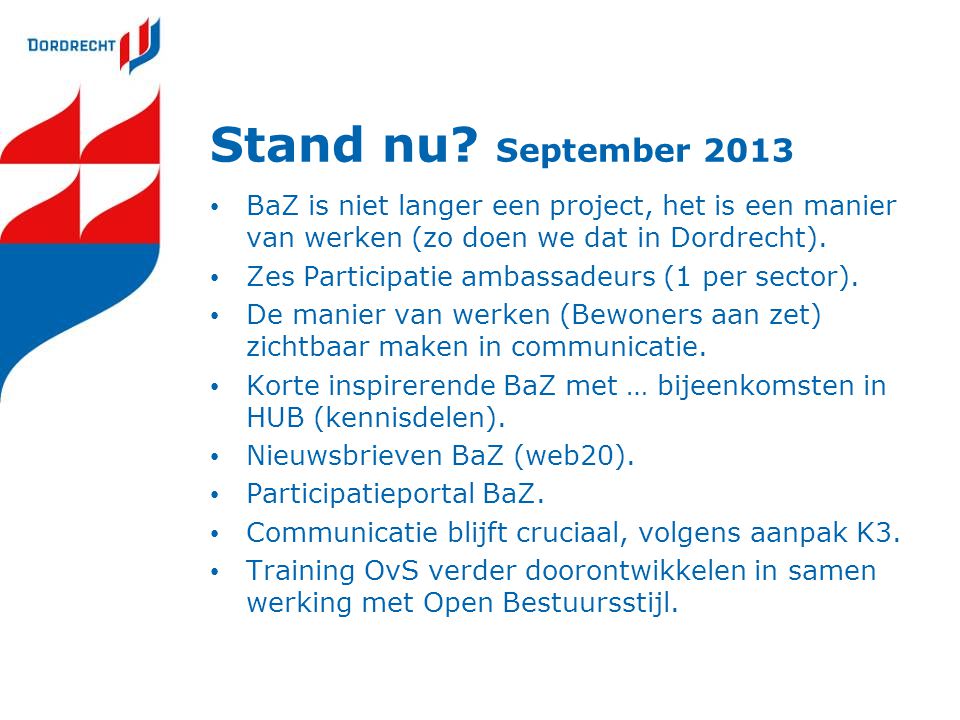 Stand nu September 2013 BaZ is niet langer een project, het is een manier van werken (zo doen we dat in Dordrecht).