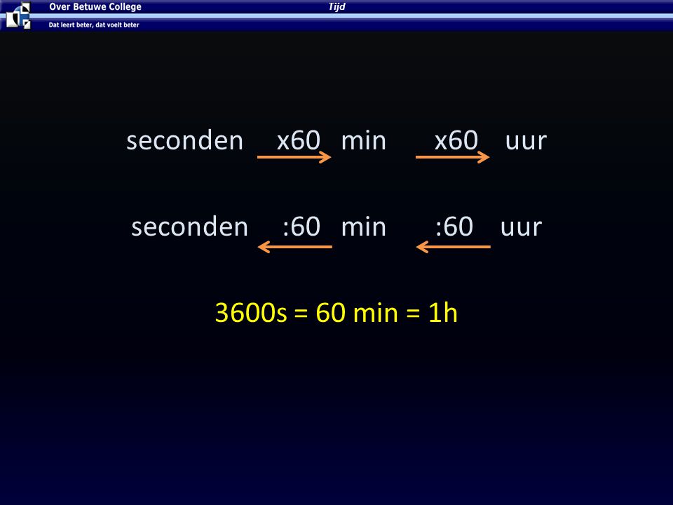 seconden x60 min x60 uur seconden :60 min :60 uur 3600s = 60 min = 1h