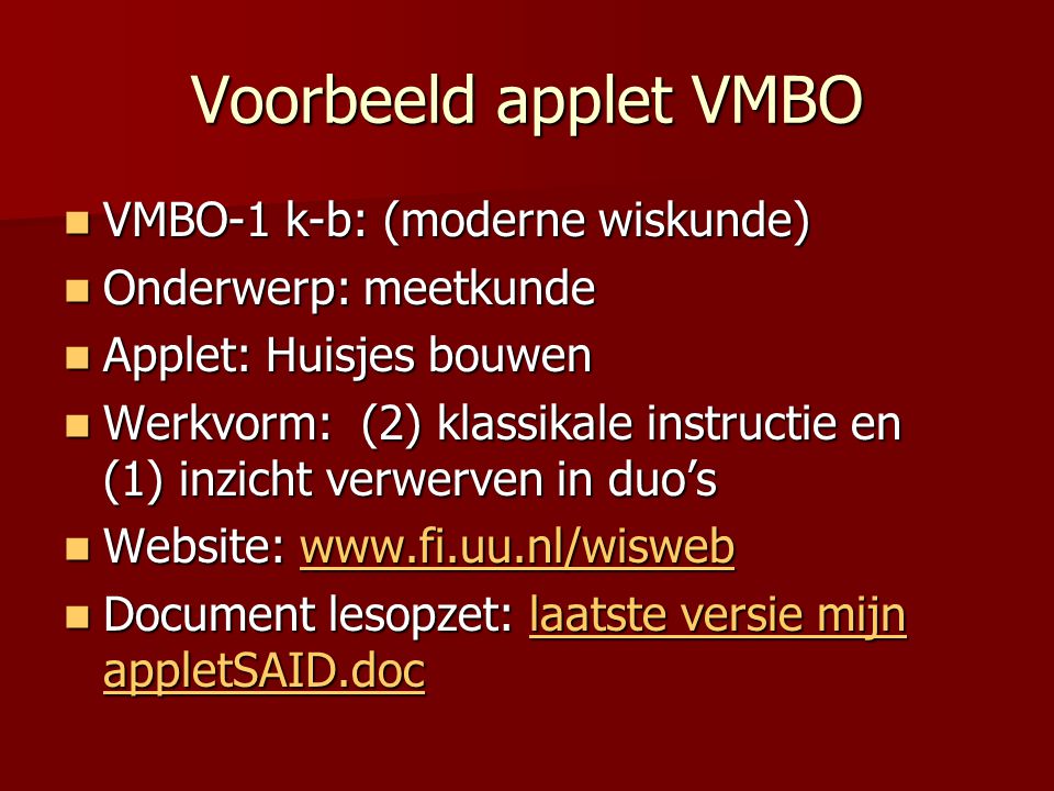 Voorbeeld applet VMBO VMBO-1 k-b: (moderne wiskunde)