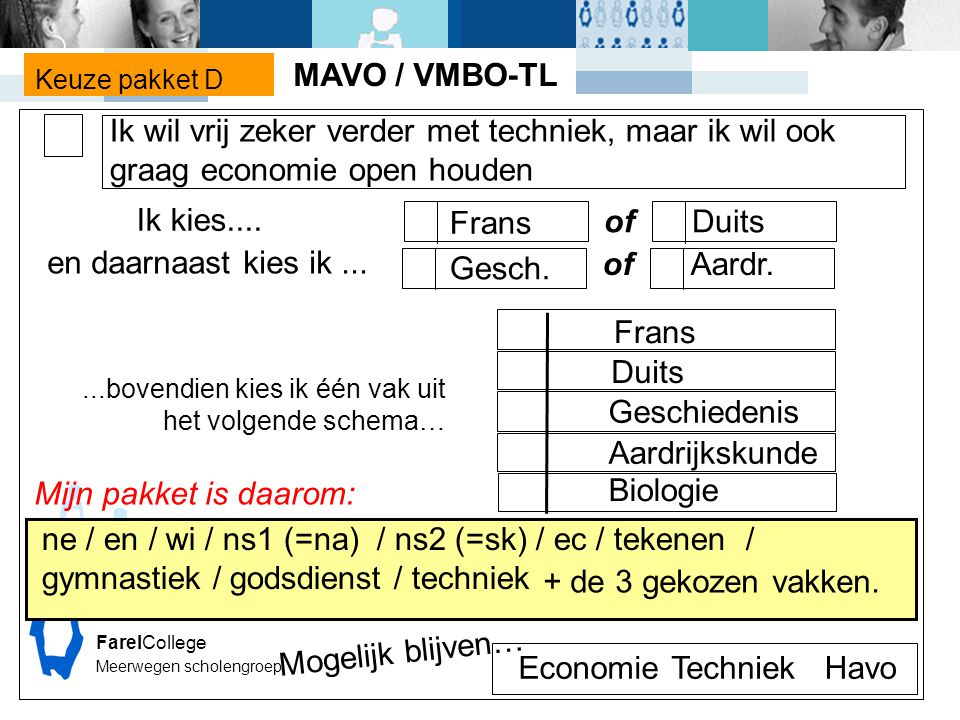 MAVO / VMBO-TL. Keuze pakket D. Ik wil vrij zeker verder met techniek, maar ik wil ook graag economie open houden.