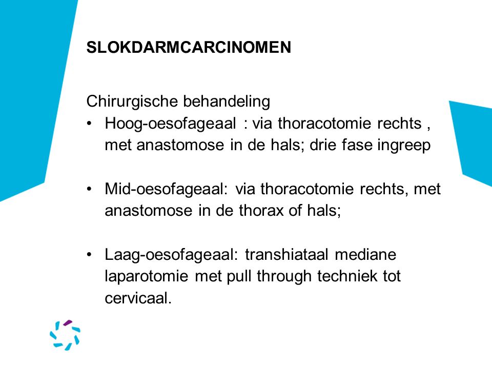 SLOKDARMCARCINOMEN Chirurgische behandeling. Hoog-oesofageaal : via thoracotomie rechts , met anastomose in de hals; drie fase ingreep.