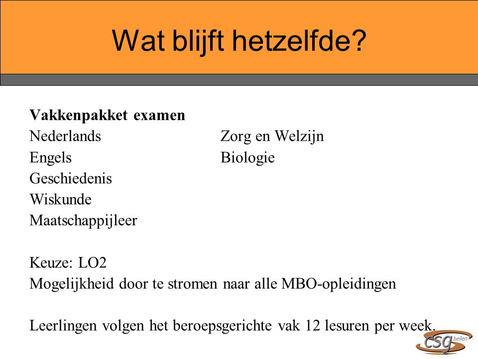 Wat blijft hetzelfde Vakkenpakket examen Nederlands Zorg en Welzijn