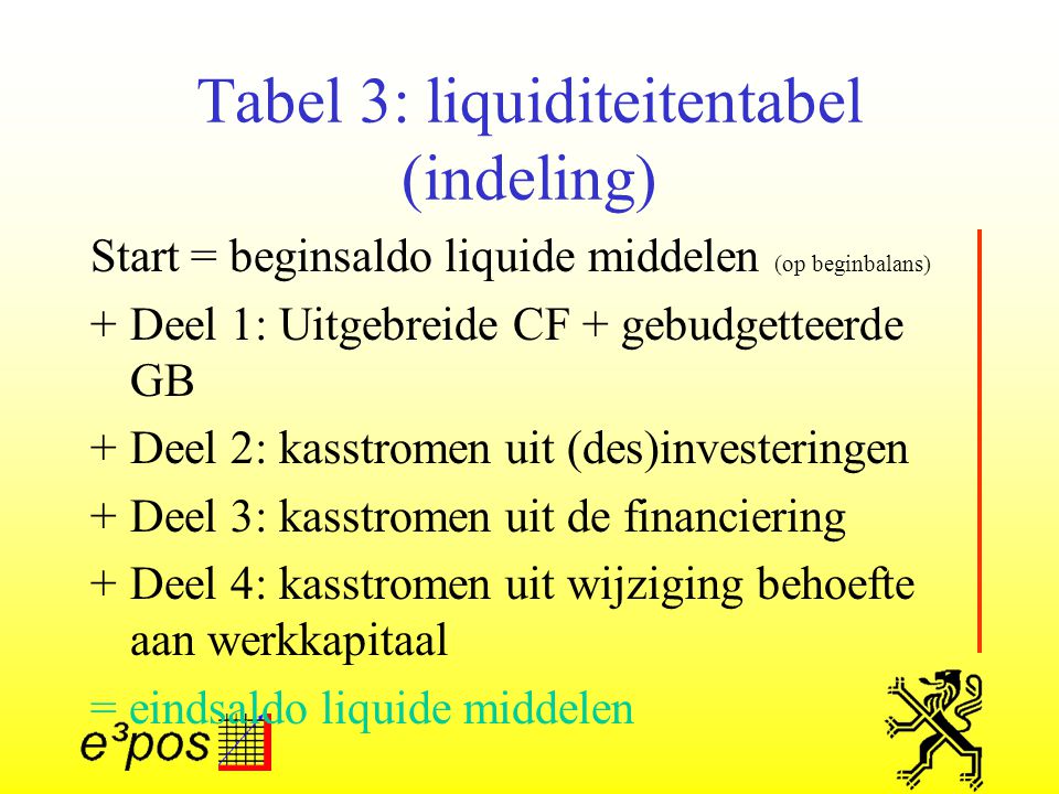 Tabel 3: liquiditeitentabel (indeling)