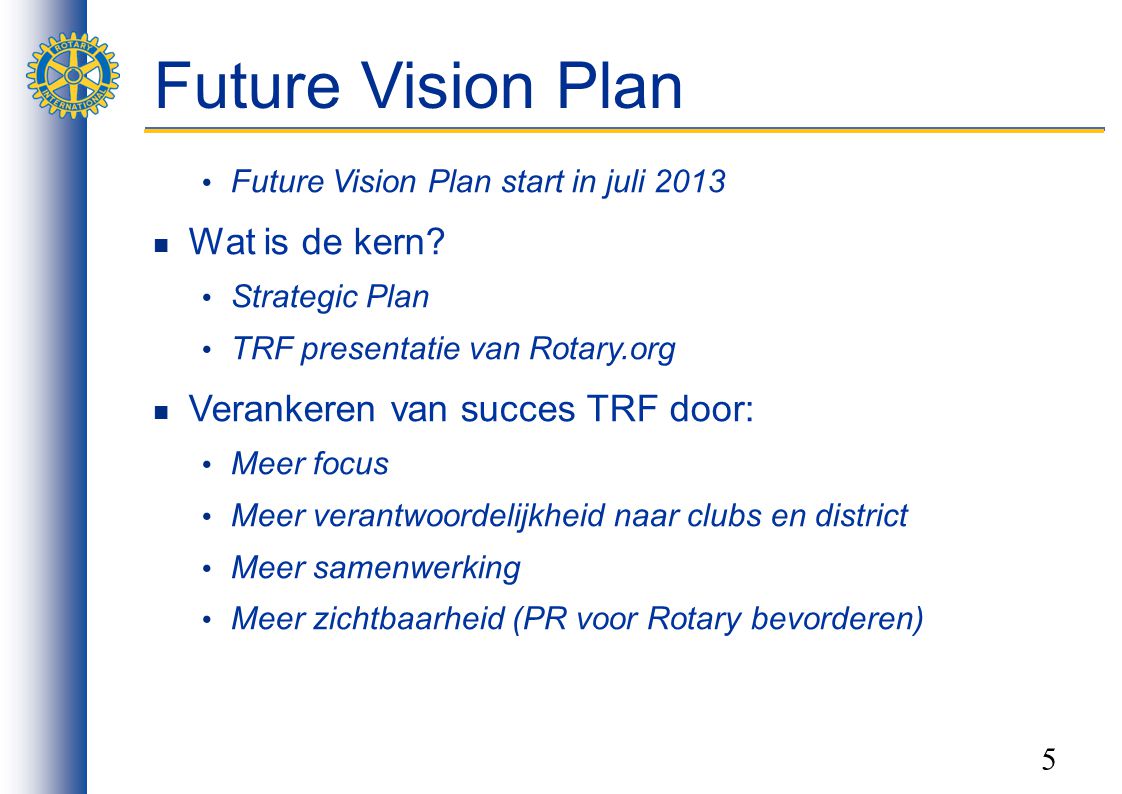 Future Vision Plan Wat is de kern Verankeren van succes TRF door: