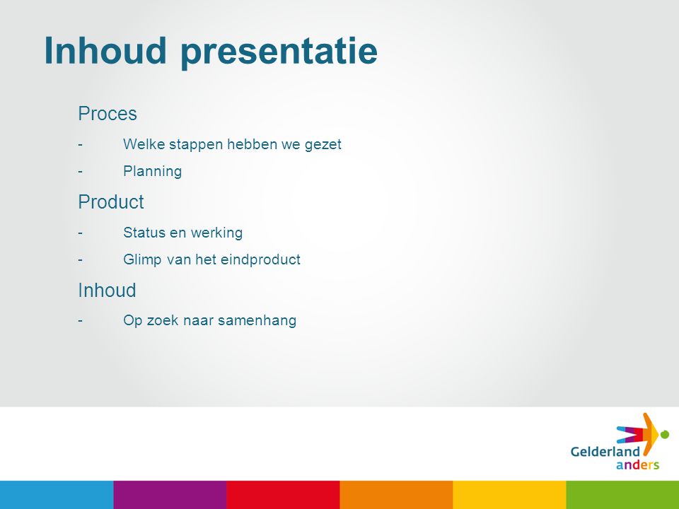 Inhoud presentatie Proces Product Inhoud Welke stappen hebben we gezet