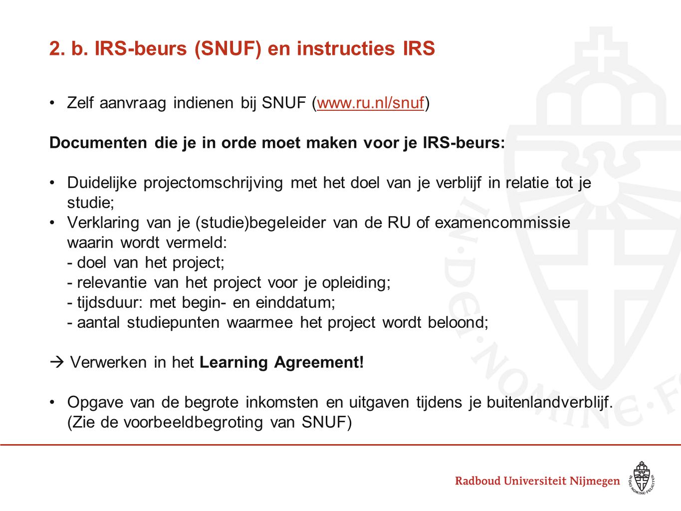 2. b. IRS-beurs (SNUF) en instructies IRS