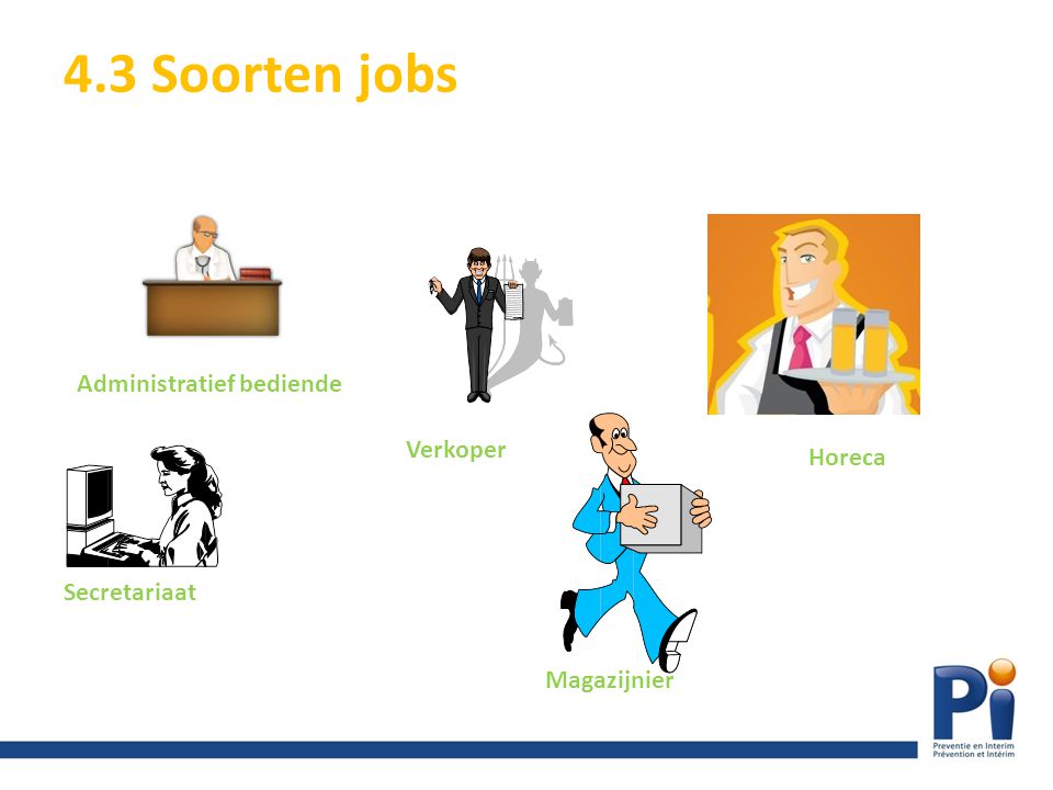 4.3 Soorten jobs Administratief bediende Verkoper Horeca Secretariaat