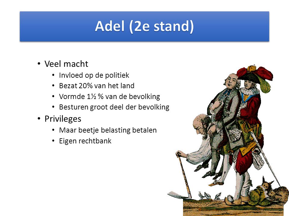 Adel (2e stand) Veel macht Privileges Invloed op de politiek