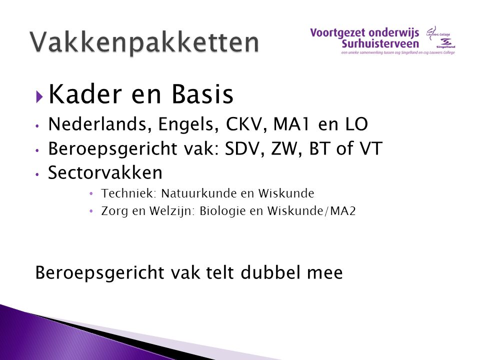 Vakkenpakketten Kader en Basis Nederlands, Engels, CKV, MA1 en LO