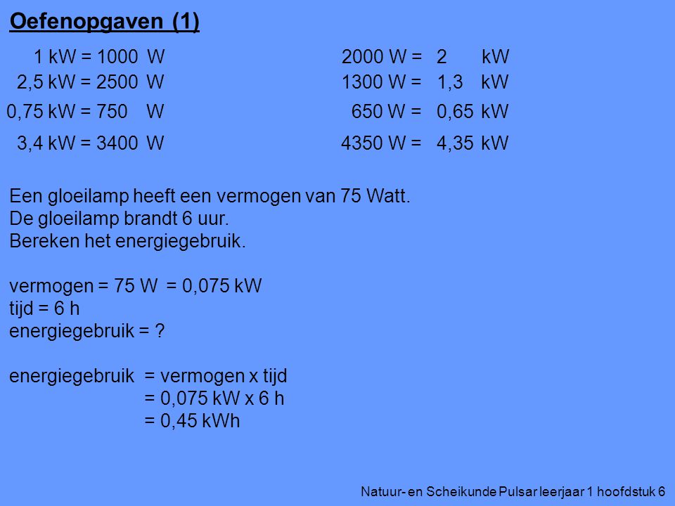 Oefenopgaven (1) 1 kW = W W = kW 2 2,5 kW = W 2500