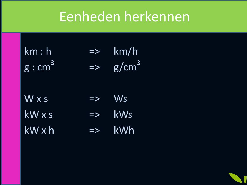 Eenheden herkennen km : h => km/h g : cm3 => g/cm3