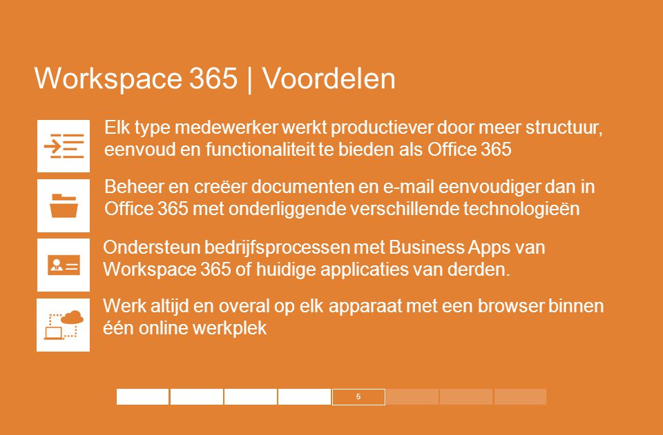 Workspace 365 | Voordelen Elk type medewerker werkt productiever door meer structuur, eenvoud en functionaliteit te bieden als Office 365.