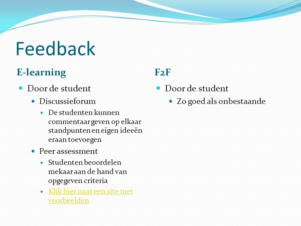 Feedback E-learning F2F Door de student Door de student Discussieforum
