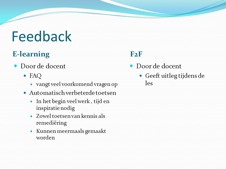 Feedback E-learning F2F Door de docent Door de docent FAQ