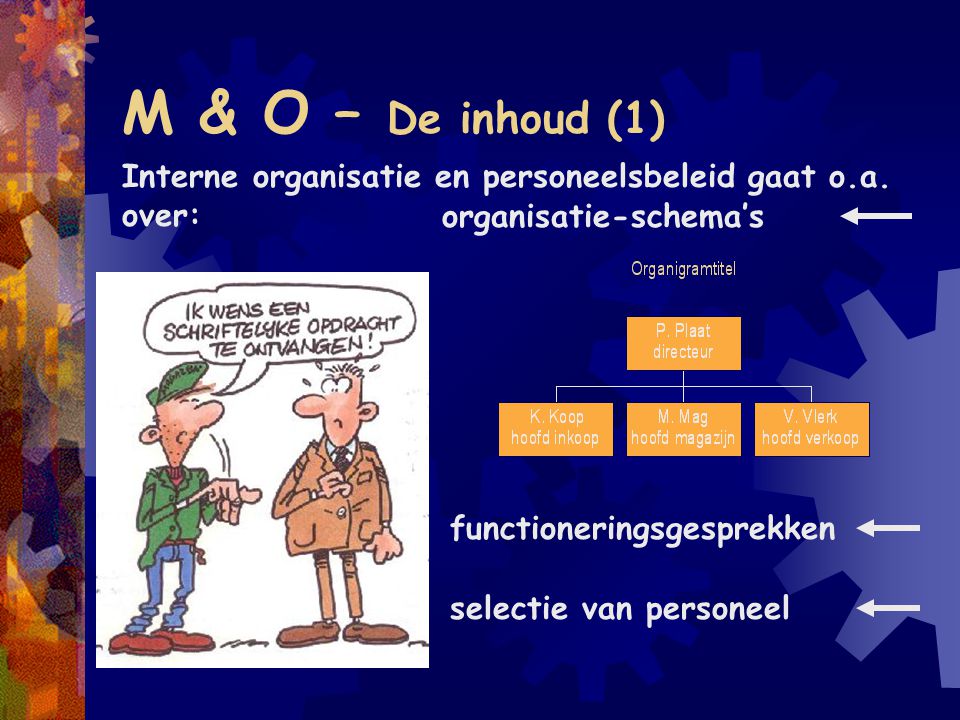 M & O – De inhoud (1) Interne organisatie en personeelsbeleid gaat o.a. over: organisatie-schema’s.