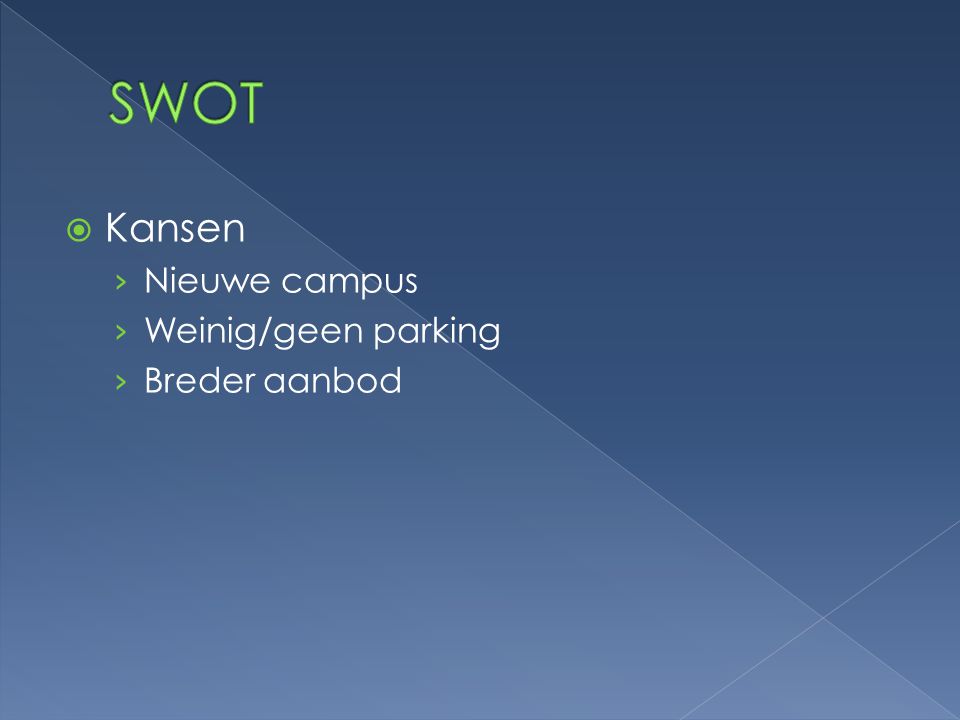 SWOT Kansen Nieuwe campus Weinig/geen parking Breder aanbod