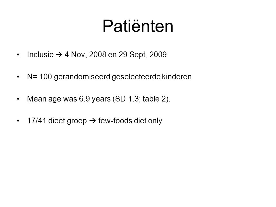Patiënten Inclusie  4 Nov, 2008 en 29 Sept, 2009