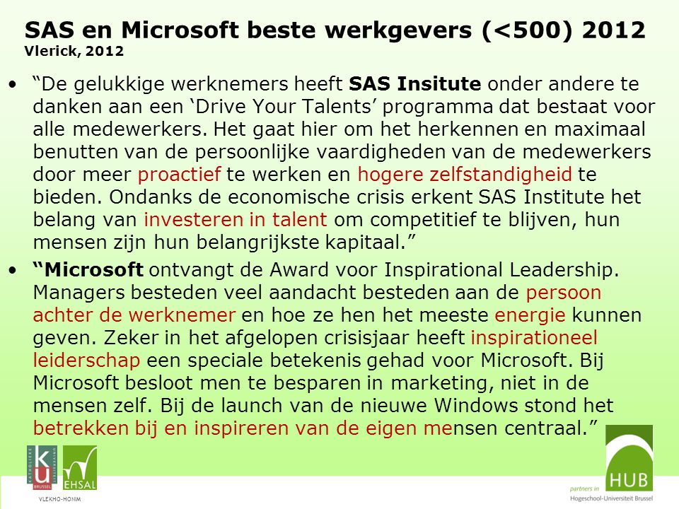 SAS en Microsoft beste werkgevers (<500) 2012 Vlerick, 2012