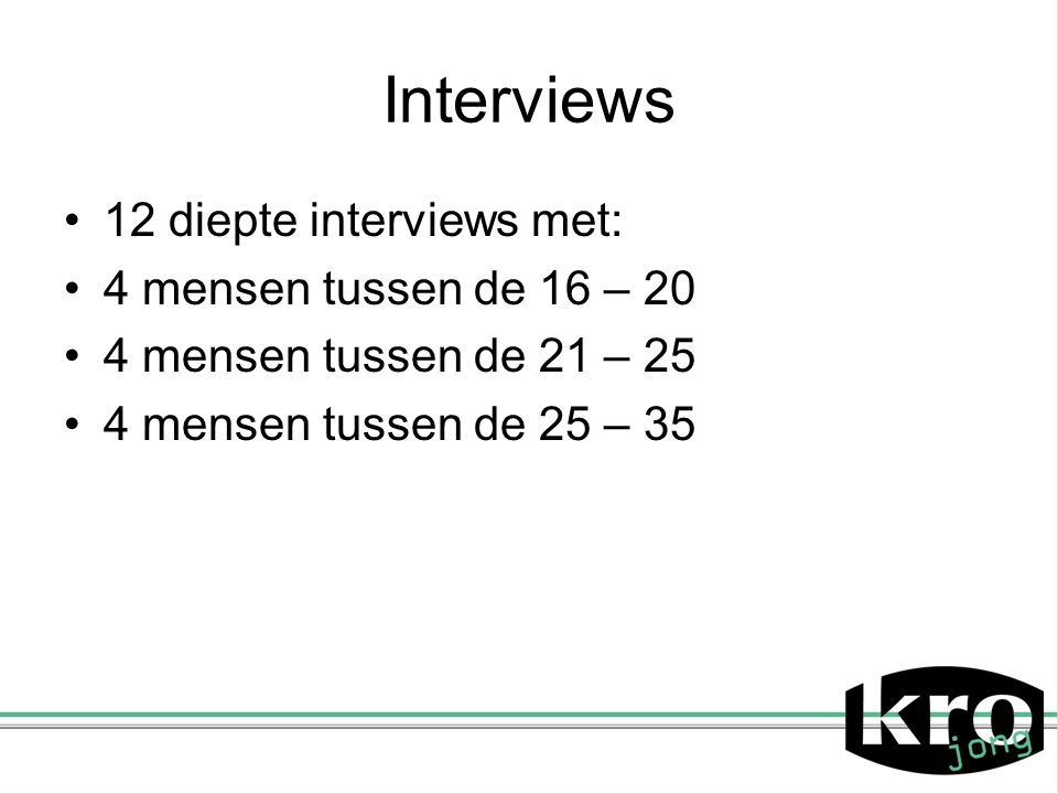 Interviews 12 diepte interviews met: 4 mensen tussen de 16 – 20