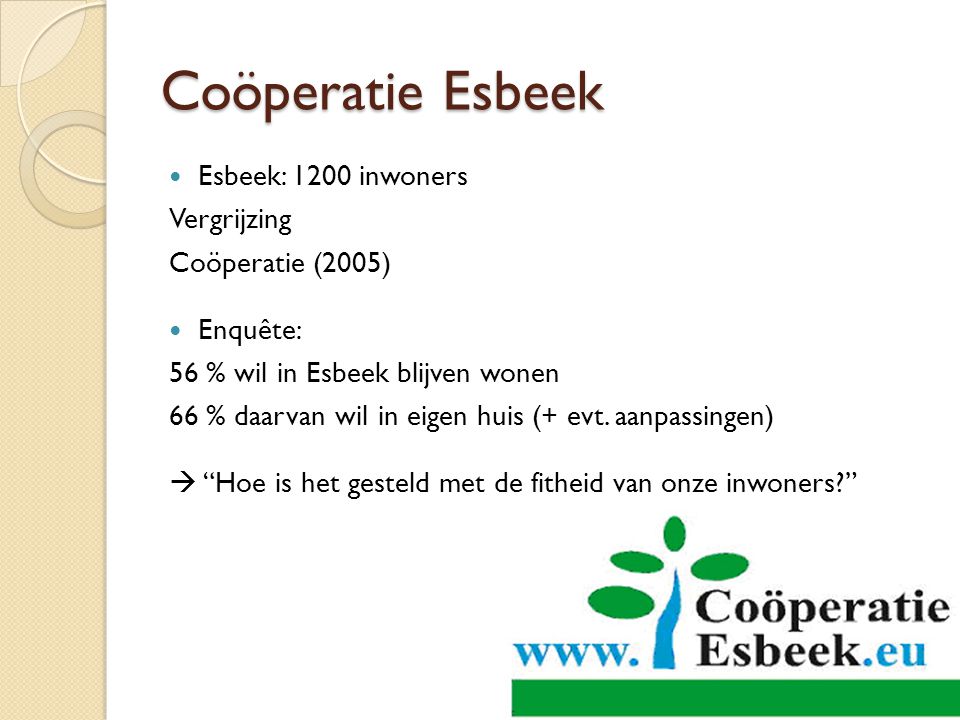Coöperatie Esbeek Esbeek: 1200 inwoners Vergrijzing Coöperatie (2005)