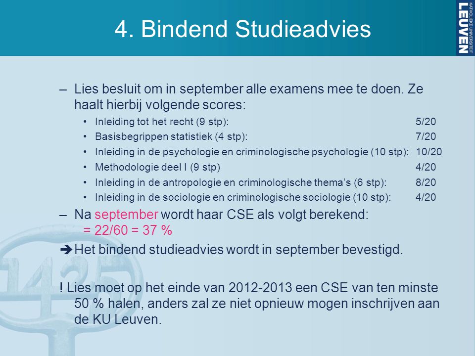 4. Bindend Studieadvies Lies besluit om in september alle examens mee te doen. Ze haalt hierbij volgende scores: