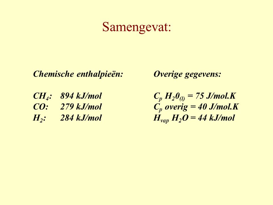 Samengevat: Chemische enthalpieën: CH4: 894 kJ/mol CO: 279 kJ/mol