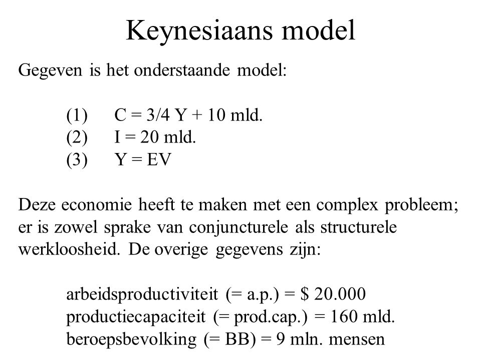 Keynesiaans model Gegeven is het onderstaande model: