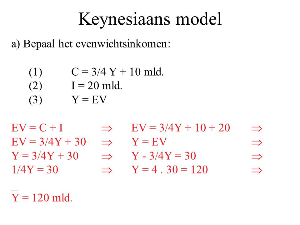 Keynesiaans model a) Bepaal het evenwichtsinkomen:
