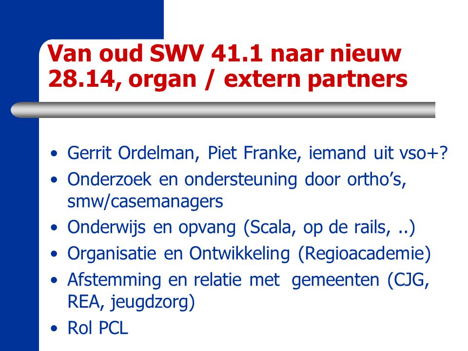 Van oud SWV 41.1 naar nieuw 28.14, organ / extern partners