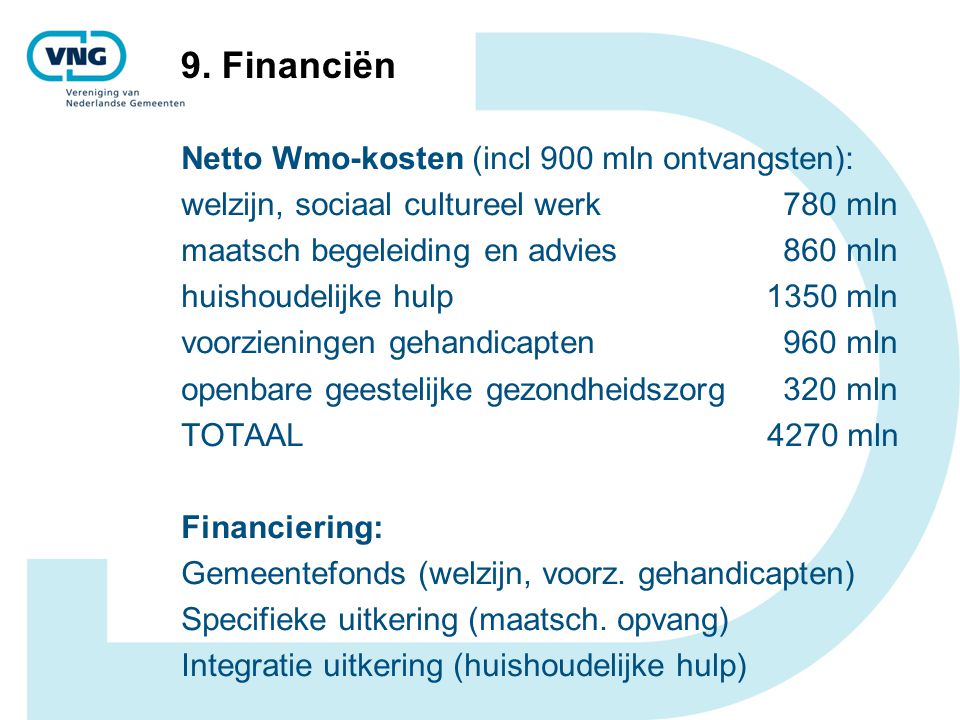 9. Financiën Netto Wmo-kosten (incl 900 mln ontvangsten):