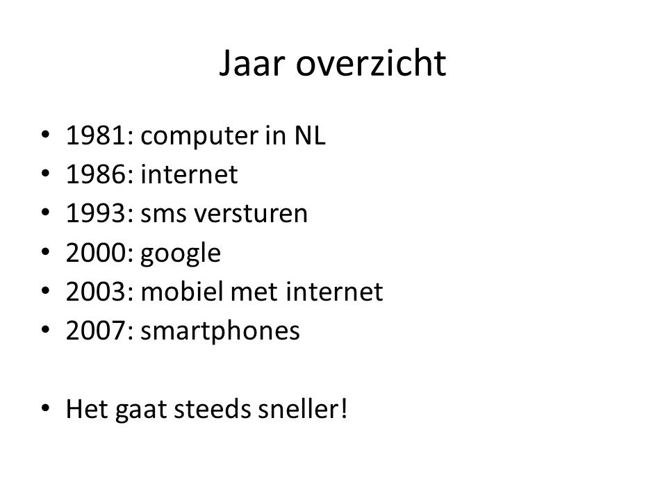 Jaar overzicht 1981: computer in NL 1986: internet 1993: sms versturen
