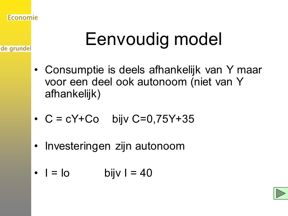Eenvoudig model Consumptie is deels afhankelijk van Y maar voor een deel ook autonoom (niet van Y afhankelijk)